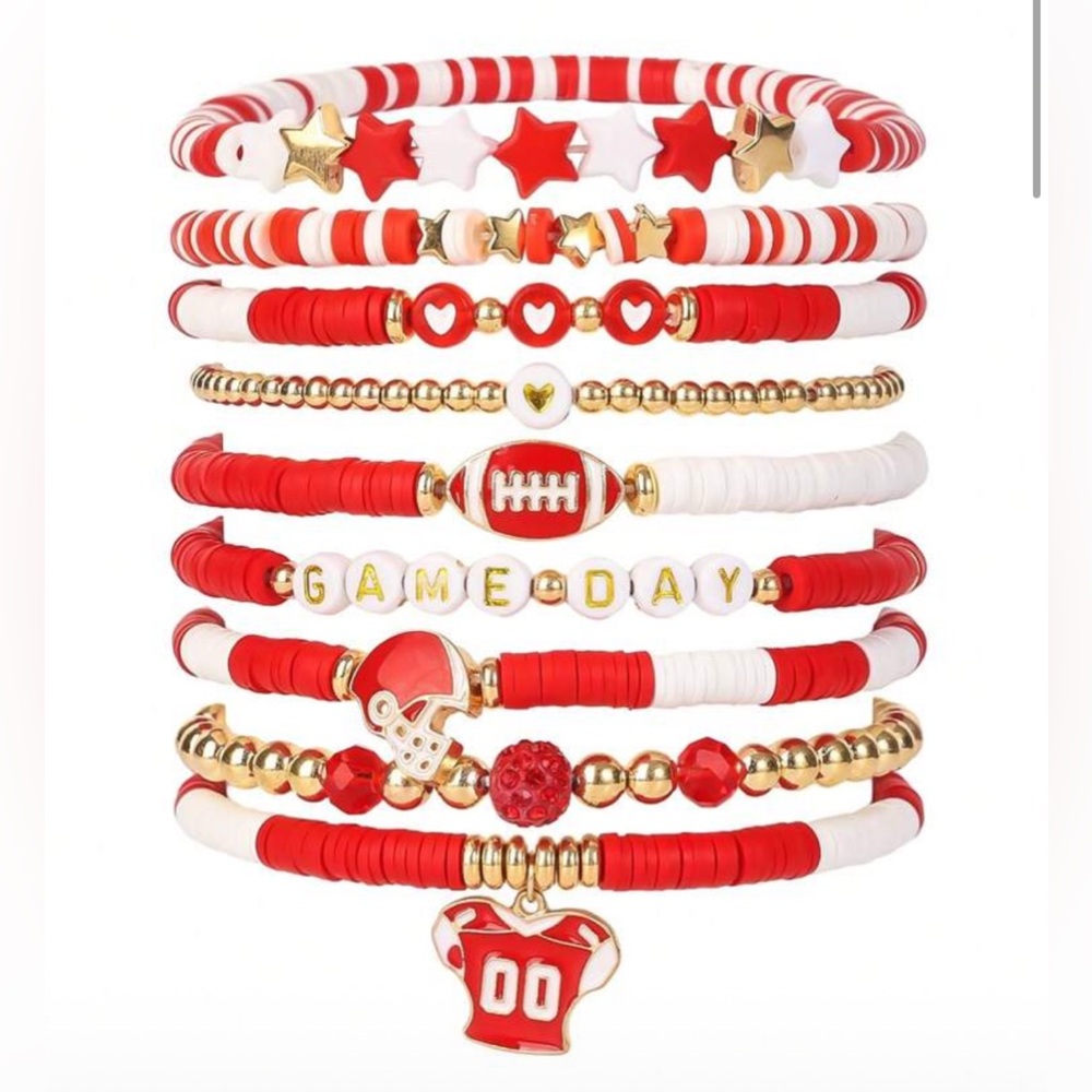 Red and White Game Day Football Stackable Bracelet Set